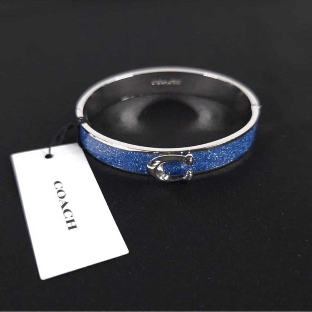 NWT COACH Signature C Logo Hinged Bangle Bracelet Sparkly Blue Enamel & Silver - Picture 8 of 10